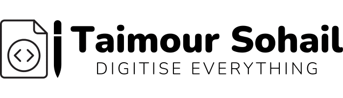 Taimour Sohail's bold horizontal logo with 'Digitize Everything' slogan, showcasing a pen and code file symbol, embodying innovation and digital mastery.