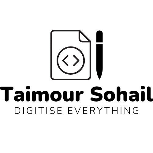 Logo of Taimour Sohail with 'Digitize Everything' slogan, featuring a pen and code file symbol.